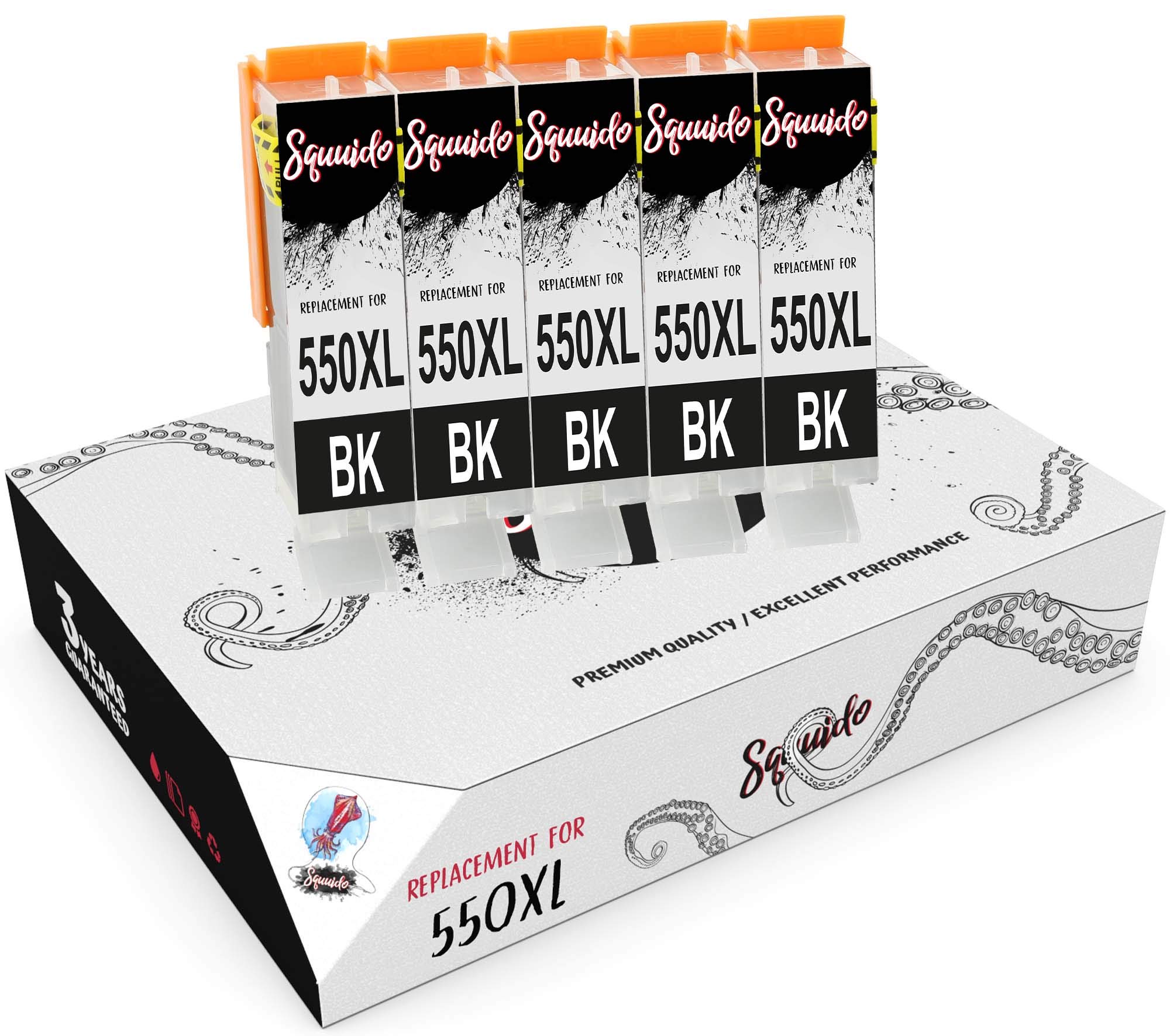 Squuido 5 black ink cartridges PGI-550XL PGI-550 XL compatible with Canon Pixma iP7150 MG5450 MG5550 MG5650 MG6350 MG6450 MG6650 MG7150 MG7550 MX725 MX925 iP7250 iP8750 iX6850 | High Capacity