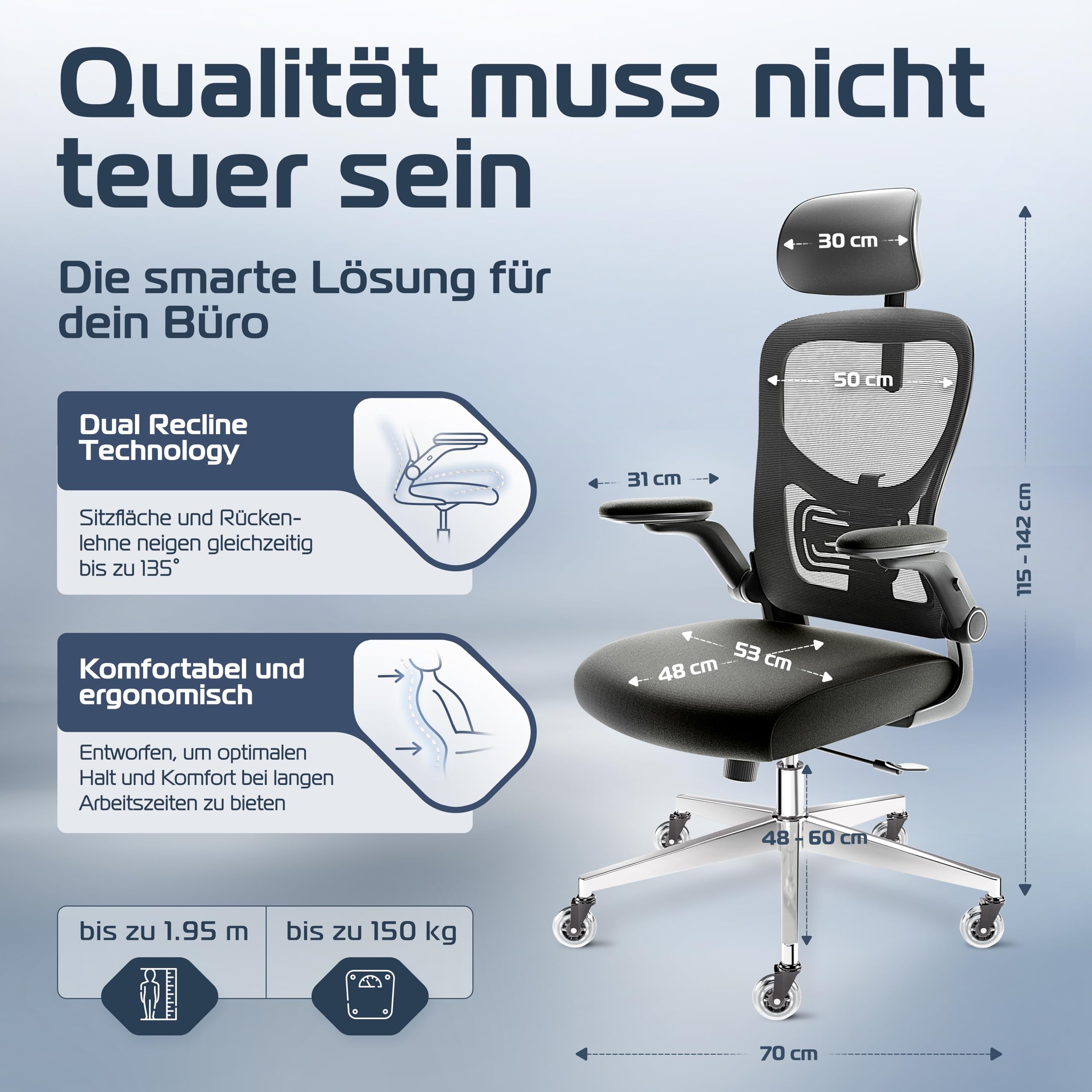 CLOUVOU SmartSeat Bürostuhl Ergonomisch [TESTSIEGER] Schreibtischstuhl 100% individuell einstellbar | Büro Stuhl & Gaming Stuhl | Computerstuhl Home Office Chair Ergonomic | Drehstuhl 150 kg 8