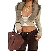MakeMeChic Women's Faux Fur Cardigan Sweater Fuzzy Long Sleeve Y2k Party Crop Outerwear