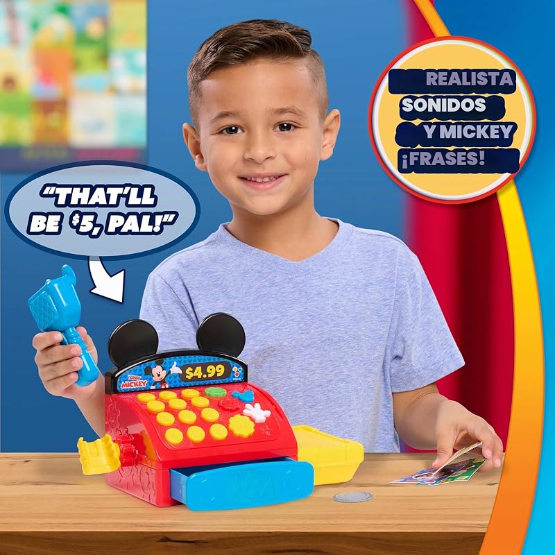 Caixa registadora Disney Jr. Micky Mouse Clubhouse com sons, frases e dinheiro de brinquedo, 10 peças, desenvolve competências básicas de matemática, brinquedo para crianças a partir dos 3 anos, pela Just Play