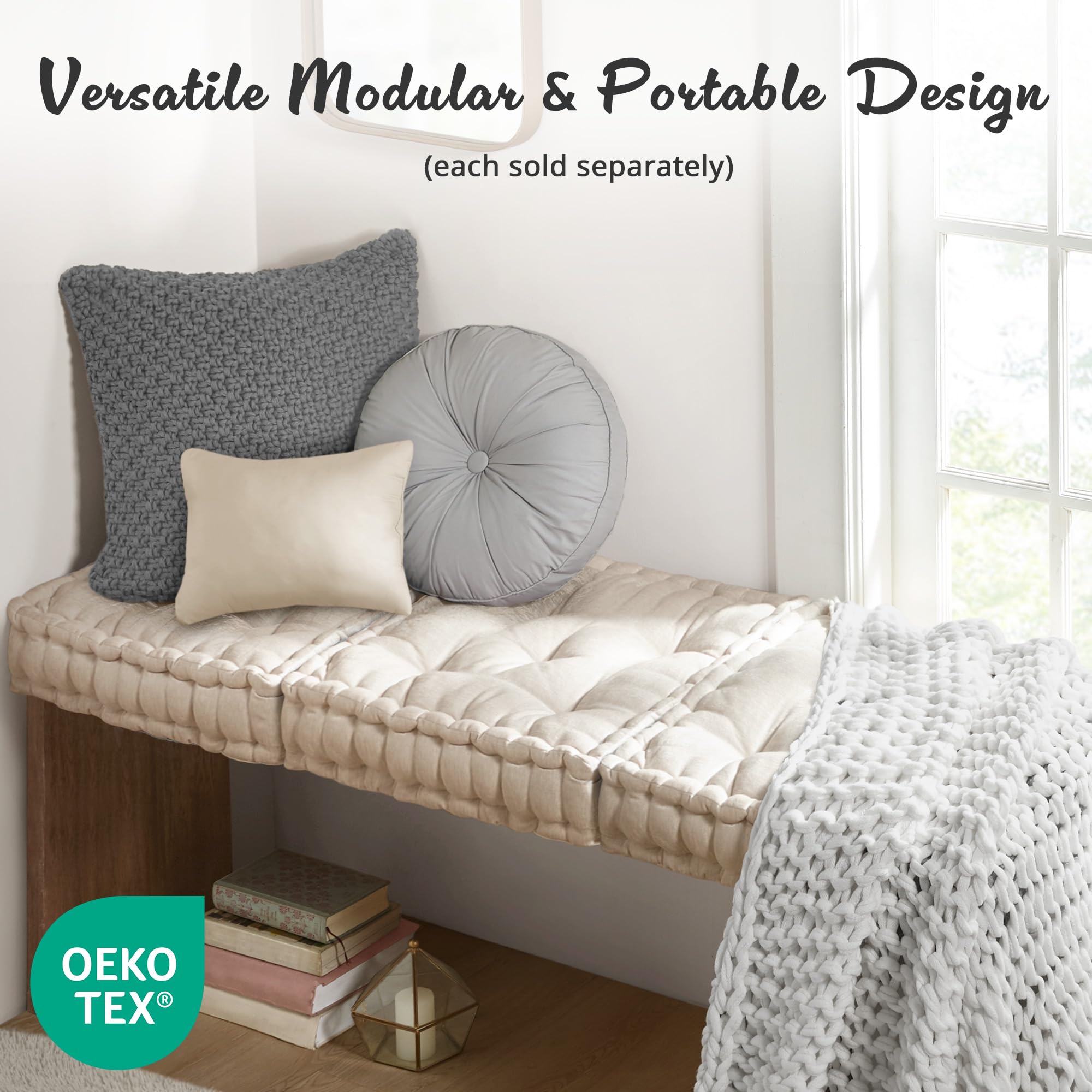 Intelligent Design Azza Floor Pillow, Large Cushions Sitting for Adults, Floor Pillow for Meditation or Yoga, Lustrous Chenille Tufted with Scalloped Edges for Bench/Chair Cushion, 20"x20"x5" Ivory - Image 6