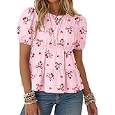 Rapbin Womens Puff Short Sleeve Babydoll Tops Summer Peplum Pleated Cotton T Shirts Casual Loose Fit Flowy Blouses