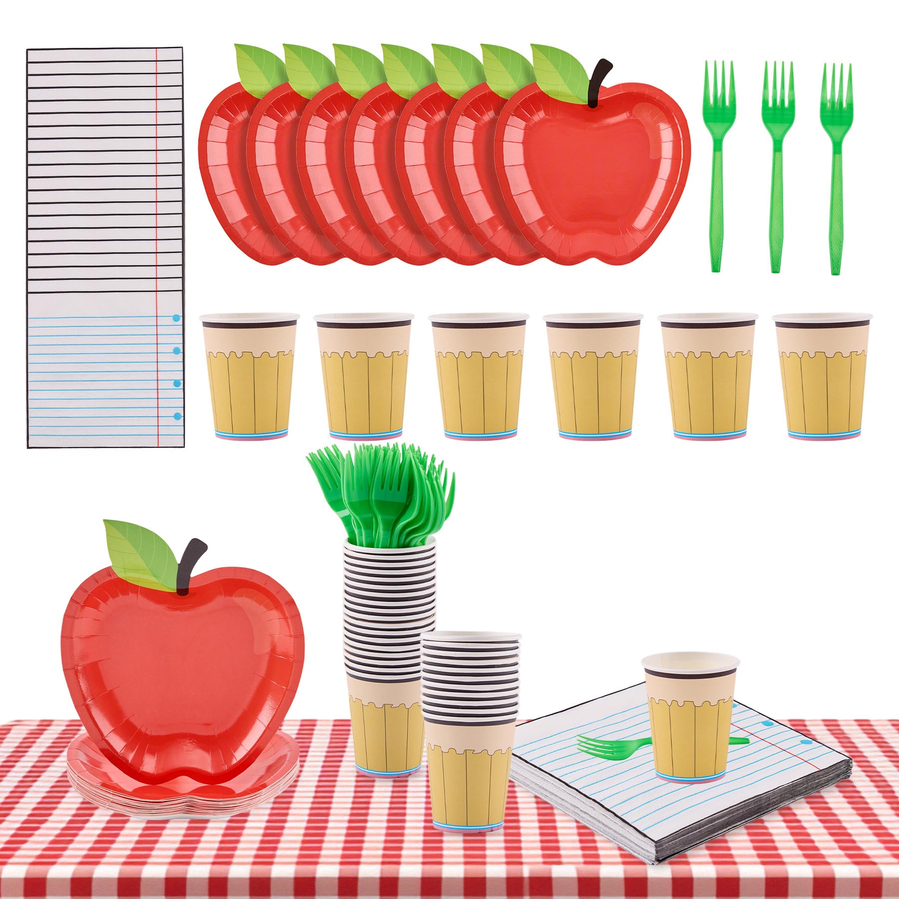 Photo 1 of 100 Pcs Back to School Disposable Tableware Set Preschool Graduation Party Decoration Apple Paper Plate Pencil Cup and Napkins for 25 Guest First Day of School Supplies
