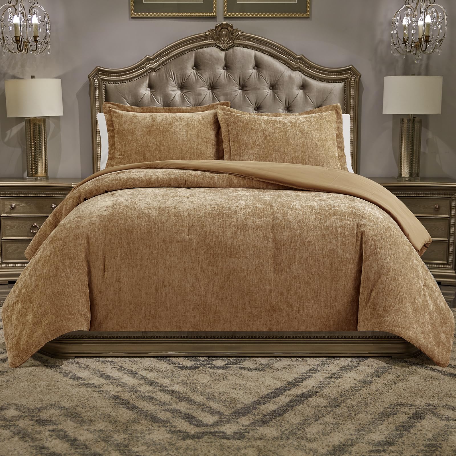 Photo 1 of Luxury Chenille Queen Comforter Set, One Comforter with Two Pillow Shams, Chenille Solid Face and Solid Brushed Microfiber Back, All Season Cozy, Soft, Warm, Middle Weight (Caramel Gold, 90x90 Inch)