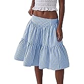 Wanzetaly Women's Casual Striped Skirts Cotton Midi Skirt A Line Elastic Back Waist Ruffle Skirt