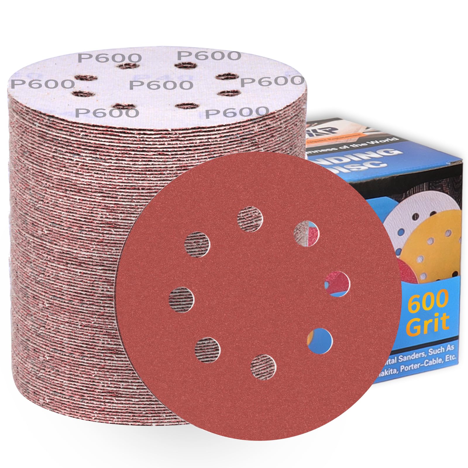 100Pcs 125mm Sanding Discs 600 Grit 8-Holes Hook and Loop Sanding Pads for Random Orbital Sander Sandpaper Sheet-ALPXUXP — image 1
