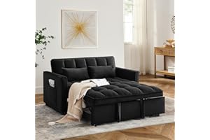 WIIS' IDEA 3 in 1 Sleeper Sofa Bed,Velvet Convertible Sofa Bed Pull-Out Bed Couch With Side Pockets,55'' Loveseat Sleeper Sofa with Adjustable Backrest for Living Room,Bedroom,Apartment and Small Space,Black