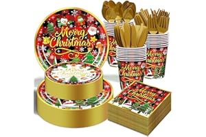 OUNIY Christmas Party Decorations Supplies - 350 PCS Merry Christmas Red Plaid Disposable Dinnerware Set Xmas Paper Plates and Napkins Sets with Cups Fork Spoon for Holiday Party Supplies, Serve 50