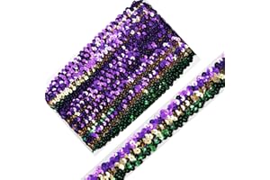 VOOMOLOVE Length10 Yards，Wide 30mm/1.1 inch Green/Gold/Purple Elastic Sequin Ribbon Trim for Sewing Dress Dance Costumes Headband （Green/Gold/Purple-30mm）