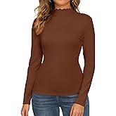 Mock Neck Tops for Women Long Sleeve Shirts Lettuce Trim Casual Slim Fit Tee Shirt Fall Layer Clothes Outfits 2025