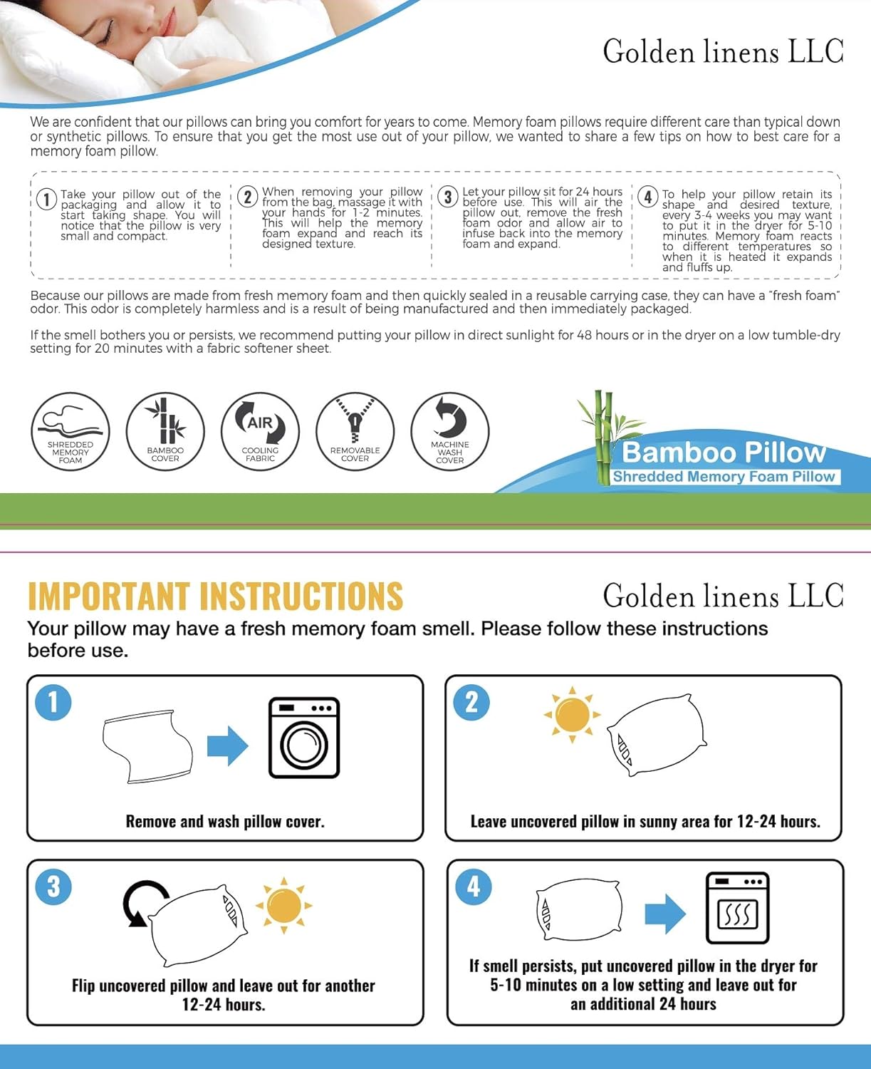 Golden Linens Bamboo Double Standard Full Body Pillow Hotel Quality Shredded Memory Foam with Removable Cover with Zipper - with Cool-Flow Breathable Cooling Hypoallergenic- 16" X 48" Body Pillow: Home & Kitchen