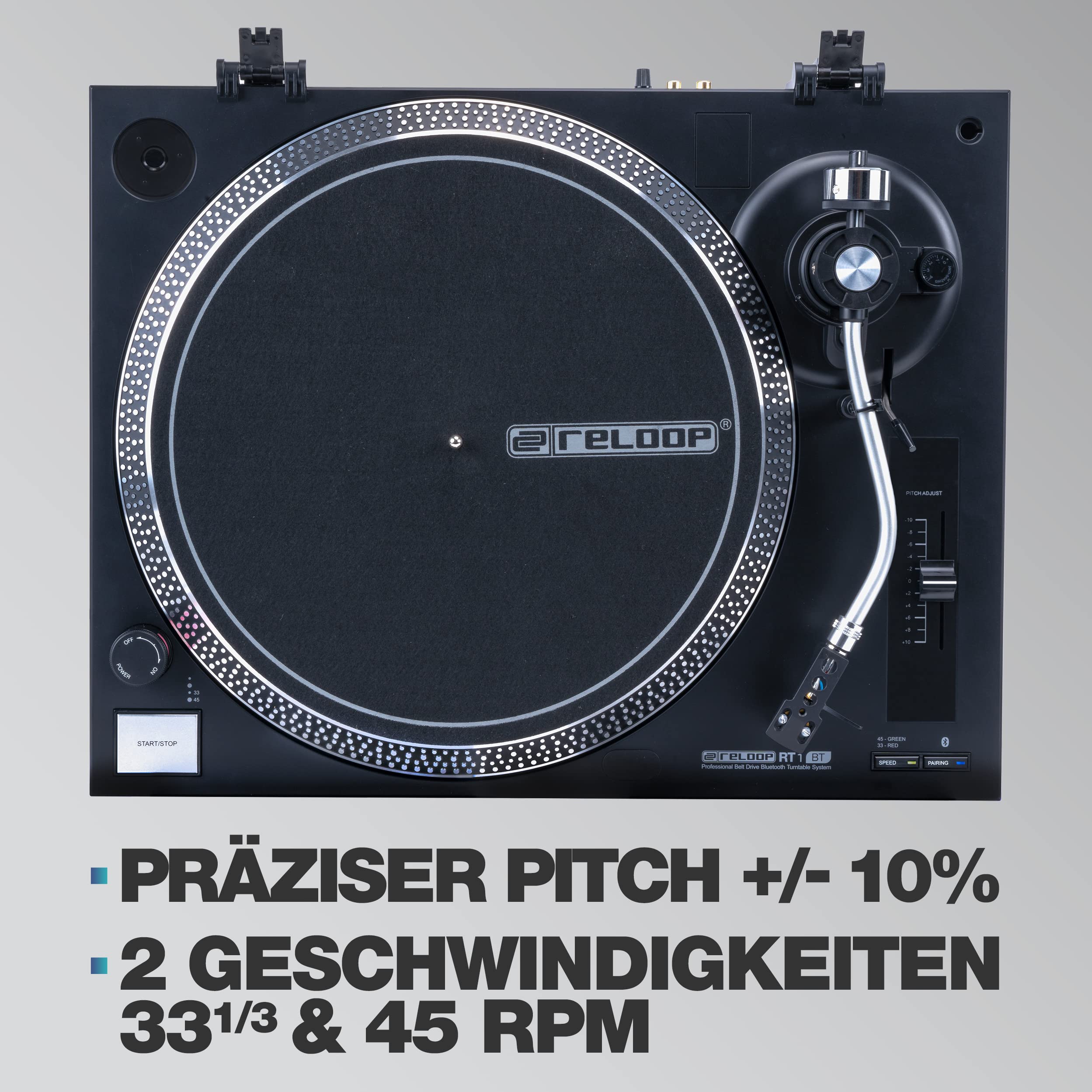 Reloop RT-1 BT Plattenspieler mit Riemenantrieb für DJ- und HiFi-Anwendungen, Bluetooth-Ausgang zur kabellosen Verbindung mit Bluetooth-Lautsprechern, Vormontiertes Ortofon Magnet-Tonabnehmer-System 6