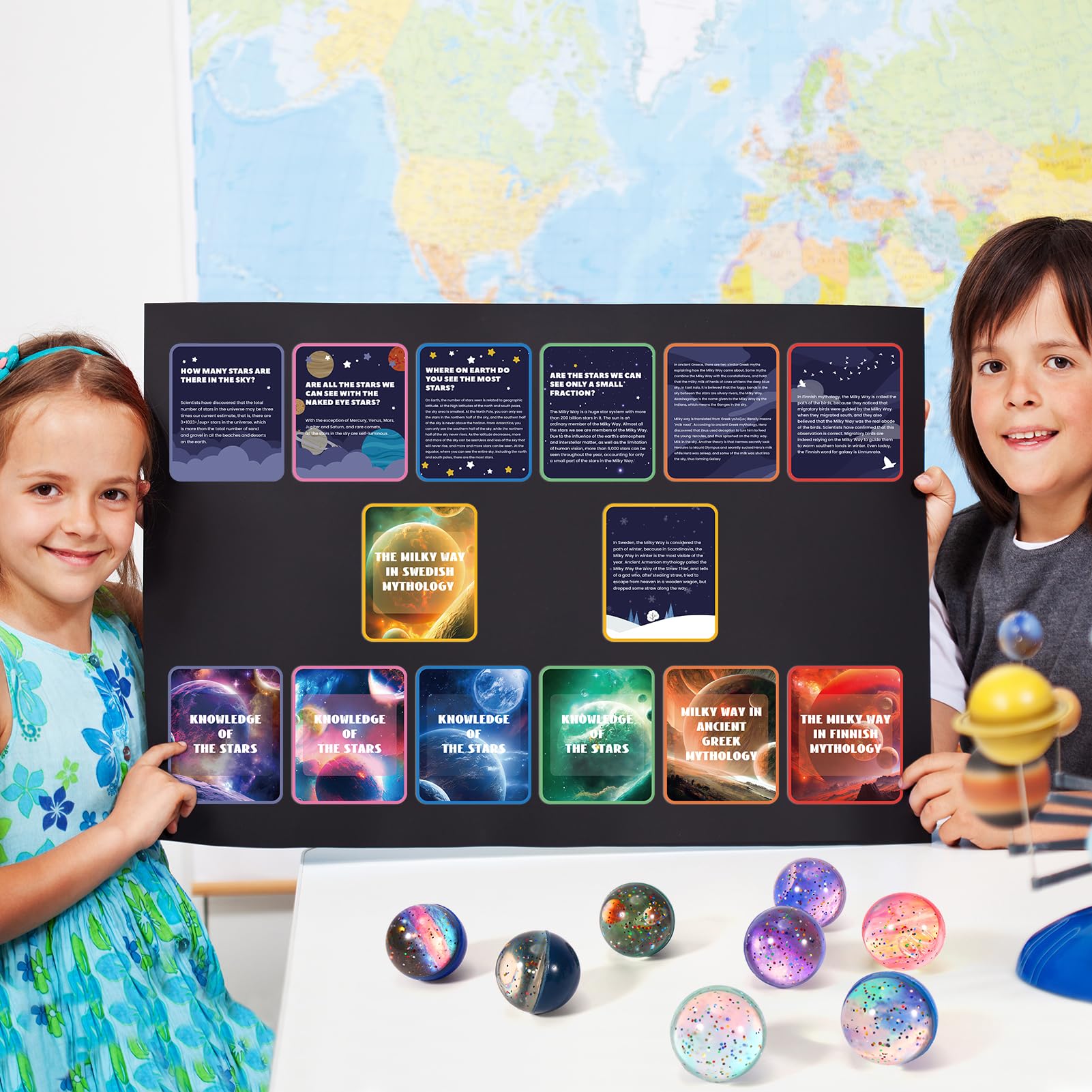 Pllieay 16PCS Solar System for Kids Galaxy Space Toys, 45mm Bouncy Balls Bulk and Galaxy Flashcards for Party Favors, Educational Space Toys