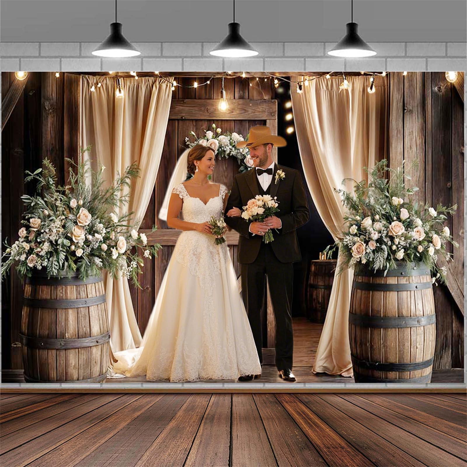 Photo 1 of 10X8ft Wooden Wedding Backdrop Banner Vintage Country Floral Barn Door Anniversary Photography Backdrops Western Rustic Plank Birthday Party Baby Shower Party Photographic Studio Photo Backgrounds