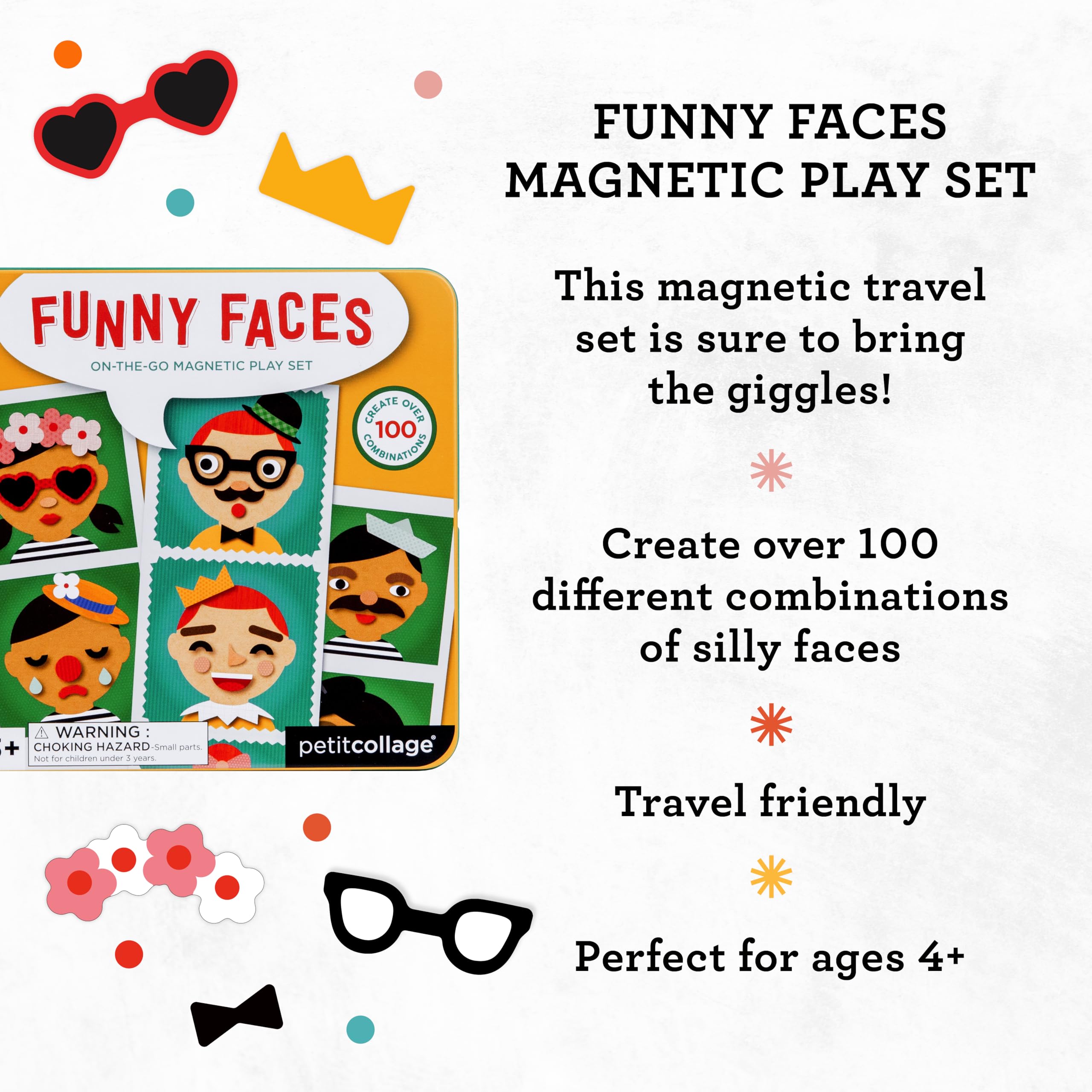 Petit Collage Funny Face Magnetic Travel Play Set – Fun Game for Families, Ideal for 2-4 Players, Ages 4+ – Travel Game for Kids with Handy Portable Tin – Make a Great Gift Idea