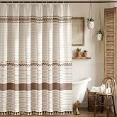 Vintage Rosy Brown Striped Shower Curtain with 12 Clear Rings - 72"W x 72"L | Farmhouse Fabric Faux Linen Shower Curtain Set with Tassels, French Country Cottagecore Style Shower Curtain for Bathroom
