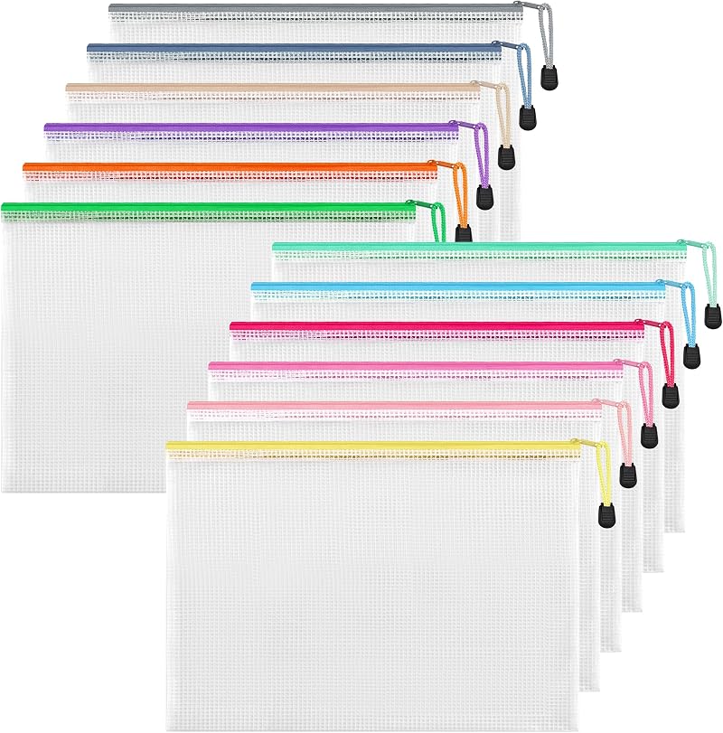HEETA A4 Plastic Wallets 12 Pack Zip Lock Bags Waterproof Zipper Folders