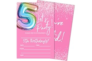 SIXEIGHT Let's Party 5th Birthday Invitations, Pink and Glitter Balloons Invitations, 20 Fill-in Style Birthday Party Invitations with Envelopes for Girls Boys, Birthday Party Favor & Decoration (4"x6")-B05
