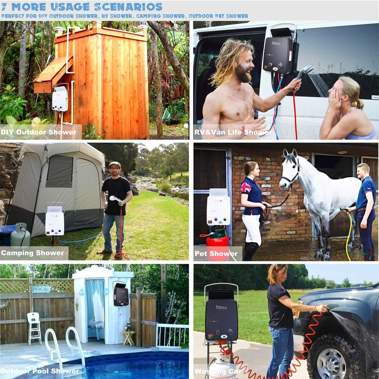 Portable Propane Tankless Water Heater, 1.32GPM/5Litre Capacity, 6-IN-1 Multiple Protection, 7 More Usage Scenarios, Low Pressure Startup, Black - - 