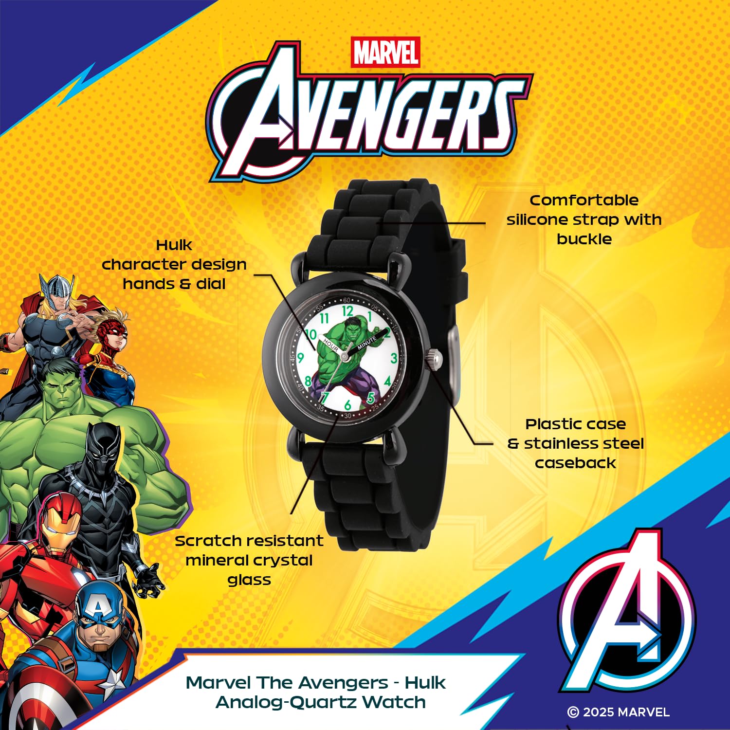 Marvel Hulk Watch for Boys Ages 3–7 – Featuring Heroic Hulk Character Dial – Avengers Gift for Kids Who Love Superhero Toys – Black Bezel with Bold Face and Comfortable Black Silicone Strap