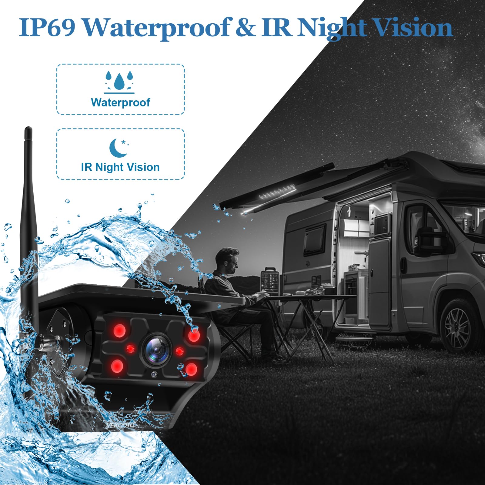 2 Magnetic Solar Wireless Backup Camera with 7'' IPS Touchscreen, 15,000mAh Rechargeable, Auto Sleep, No Wiring, 1080P Night Vision Wireless Backup Camera for Trucks, RV, Trailer, Camper VEKOOTO VK7-2