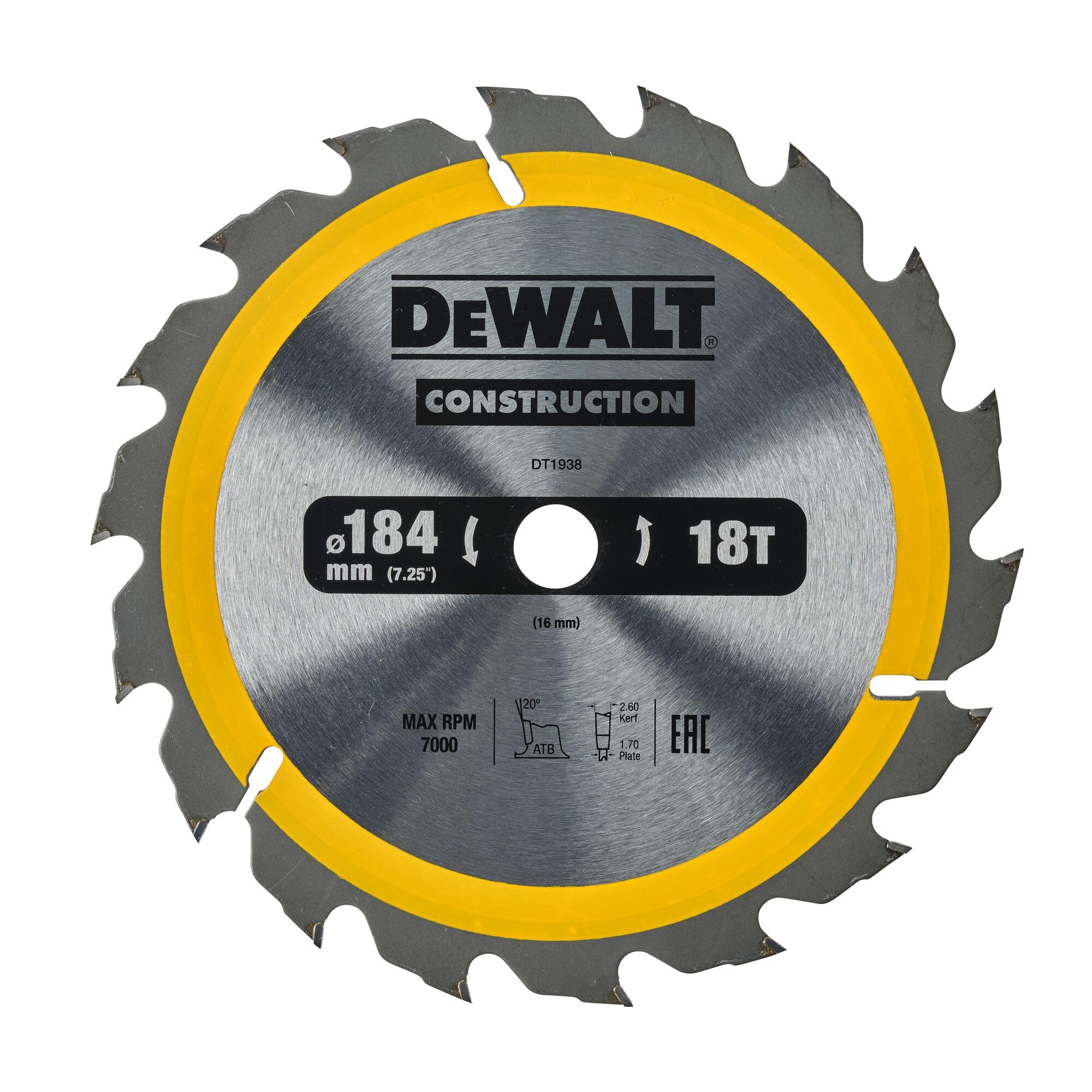 DeWalt DT1938-QZ Construction Circ Saw Blade, Yellow, 184 x 16 mm