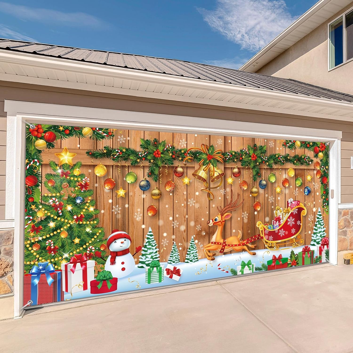 Garage Door Decorations - Buryeah 6 x 13 ft Christmas Banner Garage Door Decorations Large Garage Door Cover Christmas Photo Backdrop for Indoor Outdoor Home Birthday Holiday Party Backdrop Decoration (Reindeer Style)