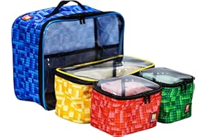 Remobia Hicol 4-piece Kids Toy Storage Organizer Set Bag for Toy Building Bricks with See Through Clear TPU Top, Small Toy Packing Cube Bags, Clean Up Container case (grid pattern)
