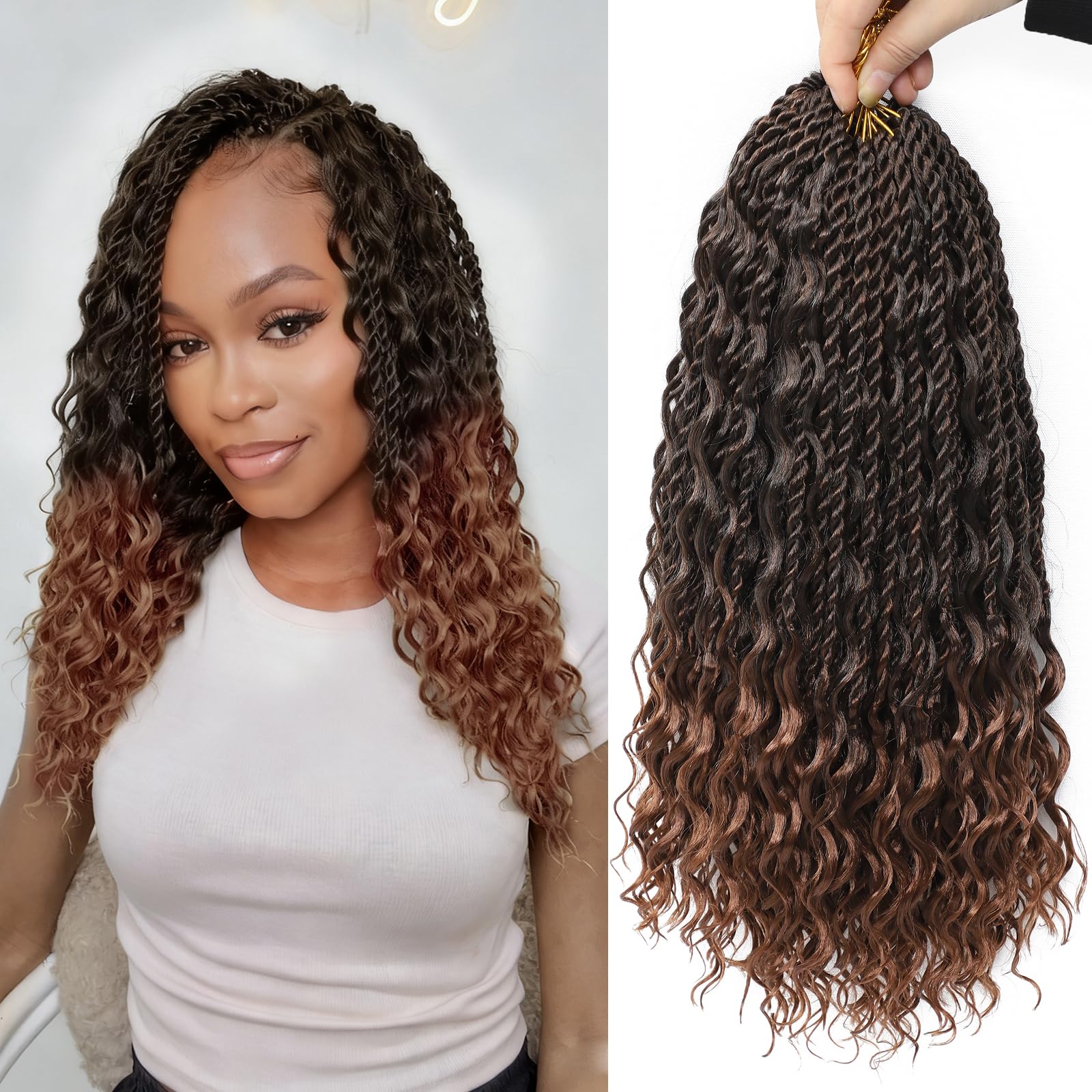 Photo 1 of 14 Inch Senegalese Twist Crochet Hair with Curly Ends 8 Packs Pre-Looped Boho Island Twist Light Brown Ombre Goddess Braids for Black Women T30#