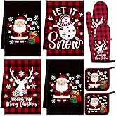 Bencailor 8 Pcs Christmas Buffalo Plaid Kitchen Towel Pot Holders and Oven Mitts Set Santa Claus Dish Towels Snowman Deer Heat Resistant Oven Gloves for Xmas Cooking Baking Grilling