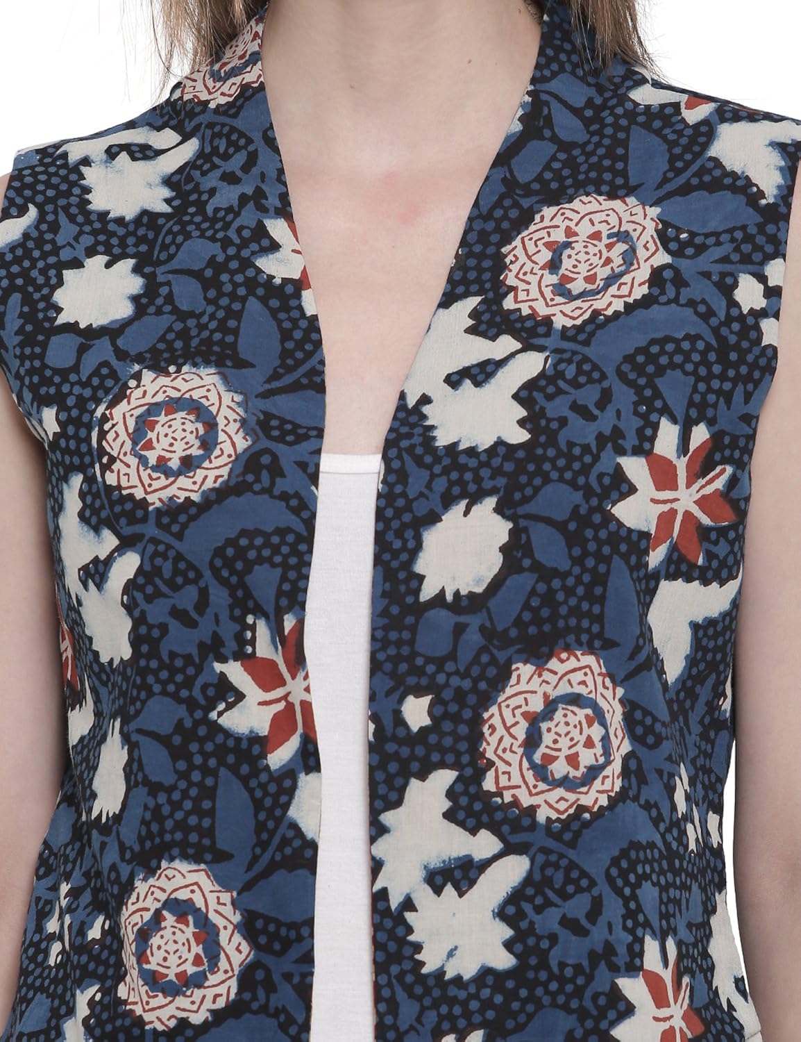 soochirang women's hand block printed sleeveless pure cotton reversible short waist coat