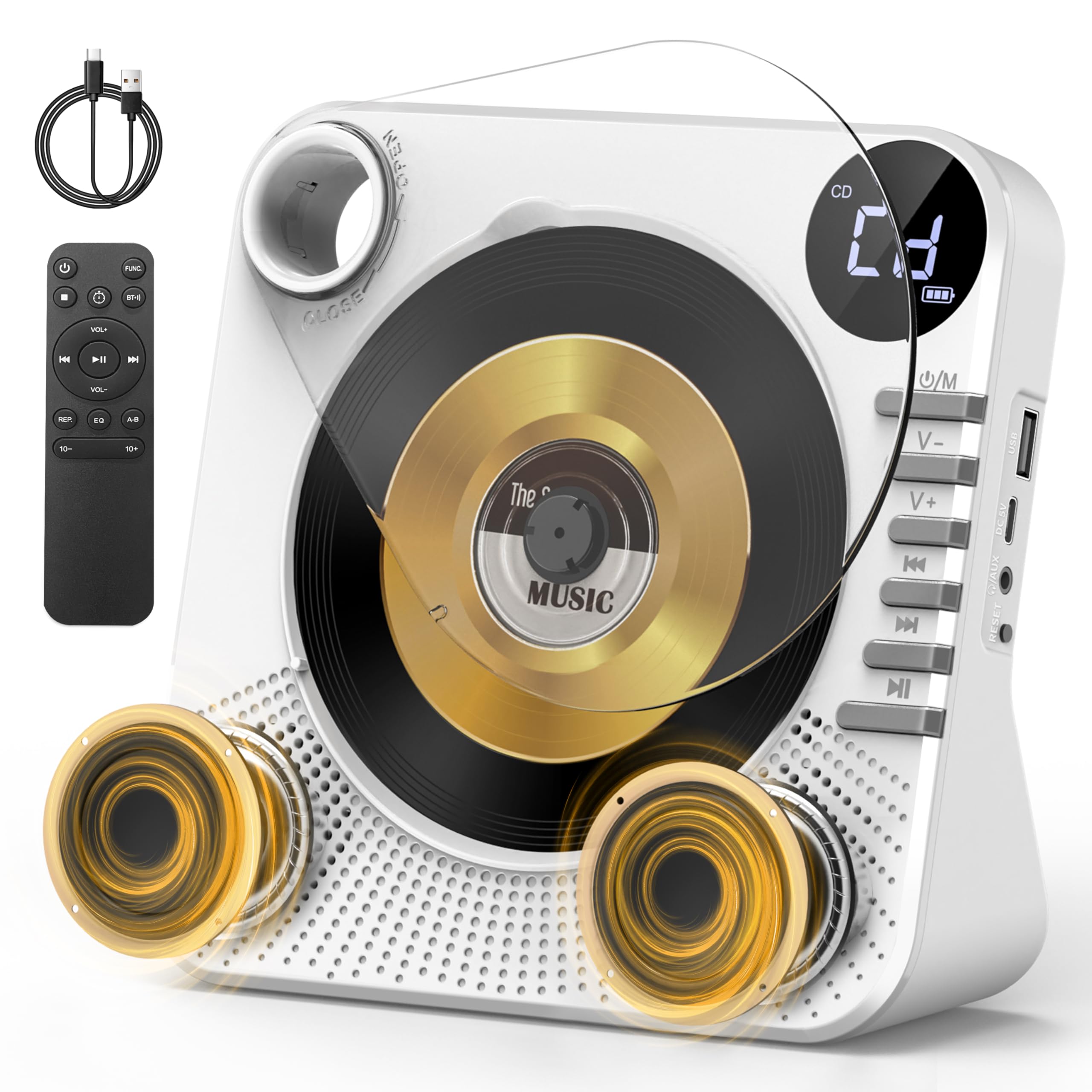 Desktop CD Player Bluetooth with HiFi Dual Speaker, CD Player for Home with Remote Control,Dust Cover,LCD Display,Sleep Timer,EQ Sound,USB/AUX/3.5mm Earphone Jack for Home,Kids,Gift