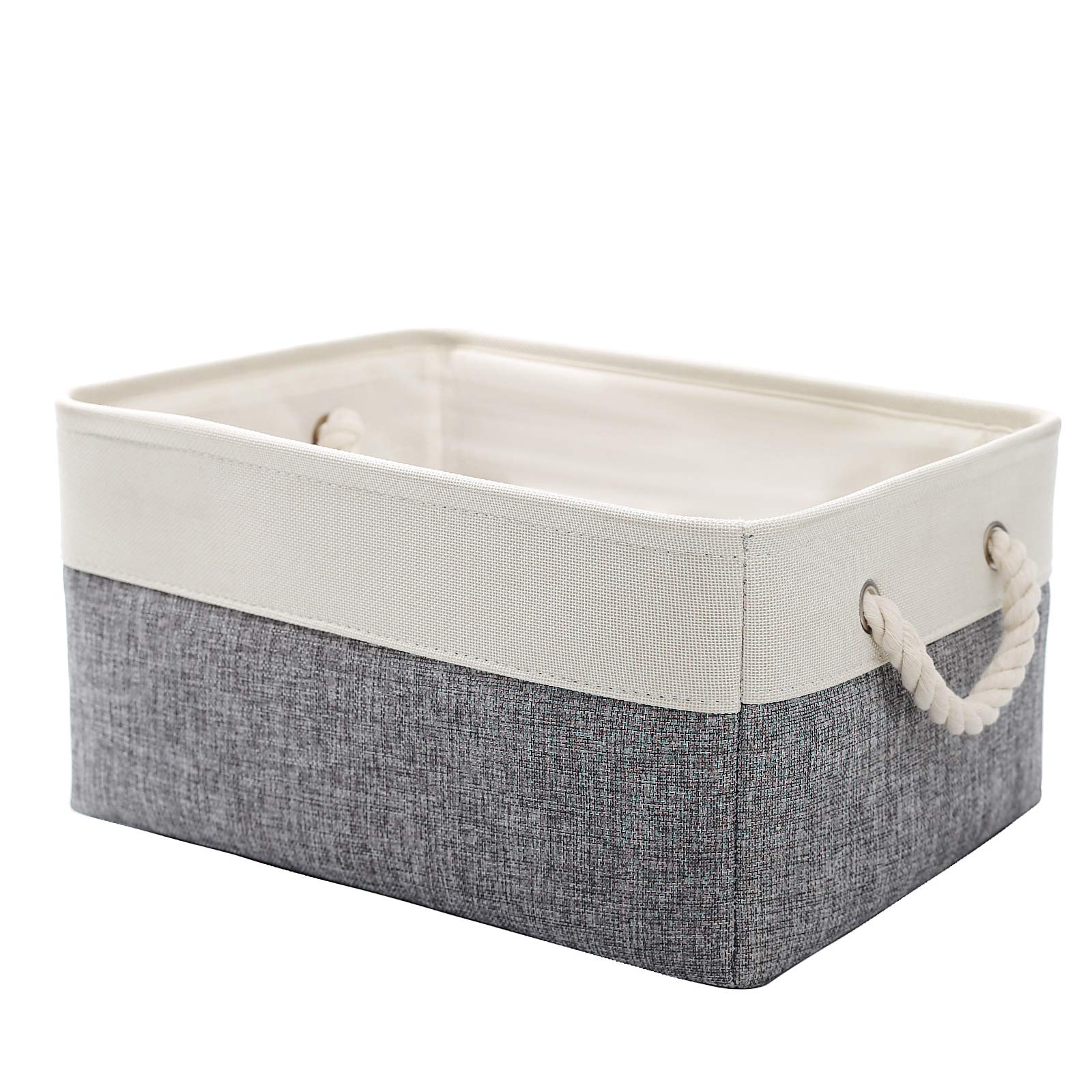CREADARD Small Storage Box with Cotton Handles, Fabric Foldable Linen Canvas Wardrobe Storage Baskets for Living Room, Laundry Room, Kids Room and Bedroom (GreyWhite 1pcs)