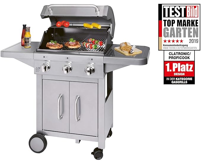 Profi Cook PC-GG 1179 Gasgrill, 3 Edelstahlbrenner, 3 Heizzonen für individ. Temperatursteuerung, stufenlose Temperatureinste