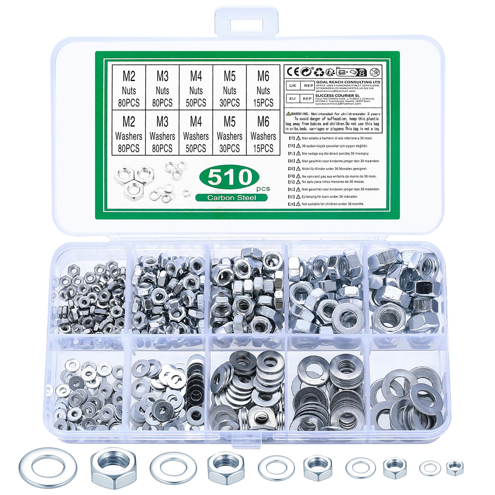 510 Pcs M2 M3 M4 M5 M6 Hex Nuts Set and Flat Washers for Screws: 255 Self Locking Nut Assortment + 255 Metal Washer Assorted Washers, Hex Lock Nutss Captive nuts and Lock washer Spacers