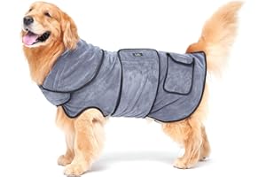 CZL Dog Drying Coat, Dog Bathrobe Towel, Super Absorbent Dog Robes, 100% Microfibre Fast Drying, Soft Adjustable Pet Dog Bath Robe Towel, Thick Double-Layer Design,for After Bath Beach Pool, Grey-XL