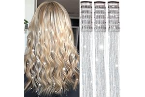 Obinying Hair Tinsel Pack of 18 Pcs Hair Tinsel Clip in 20.5 Inch Glitter Tinsel Hair Extensions Clip in Hair Tinsel Kit Party Festival Fairy Hair Accessories for Girls Women Kids (Silver)
