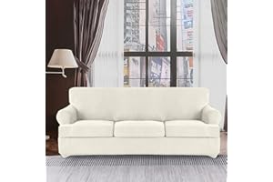 TWIN SIX 4 Pieces Stretch T Cushion Sofa Slipcovers with 3 Individually T Cushion Shape Seat Covers for Dogs, Washable Furniture Protector Soft Covers with Elastic Bottom (Sofa, Ivory)