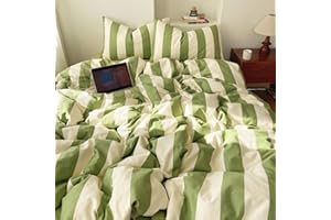 LifeTB 100% Cotton Striped Duvet Cover Set Full, 3 Pieces Sage Green and White Stripes Pattern Printed Comforter Cover, Farmh