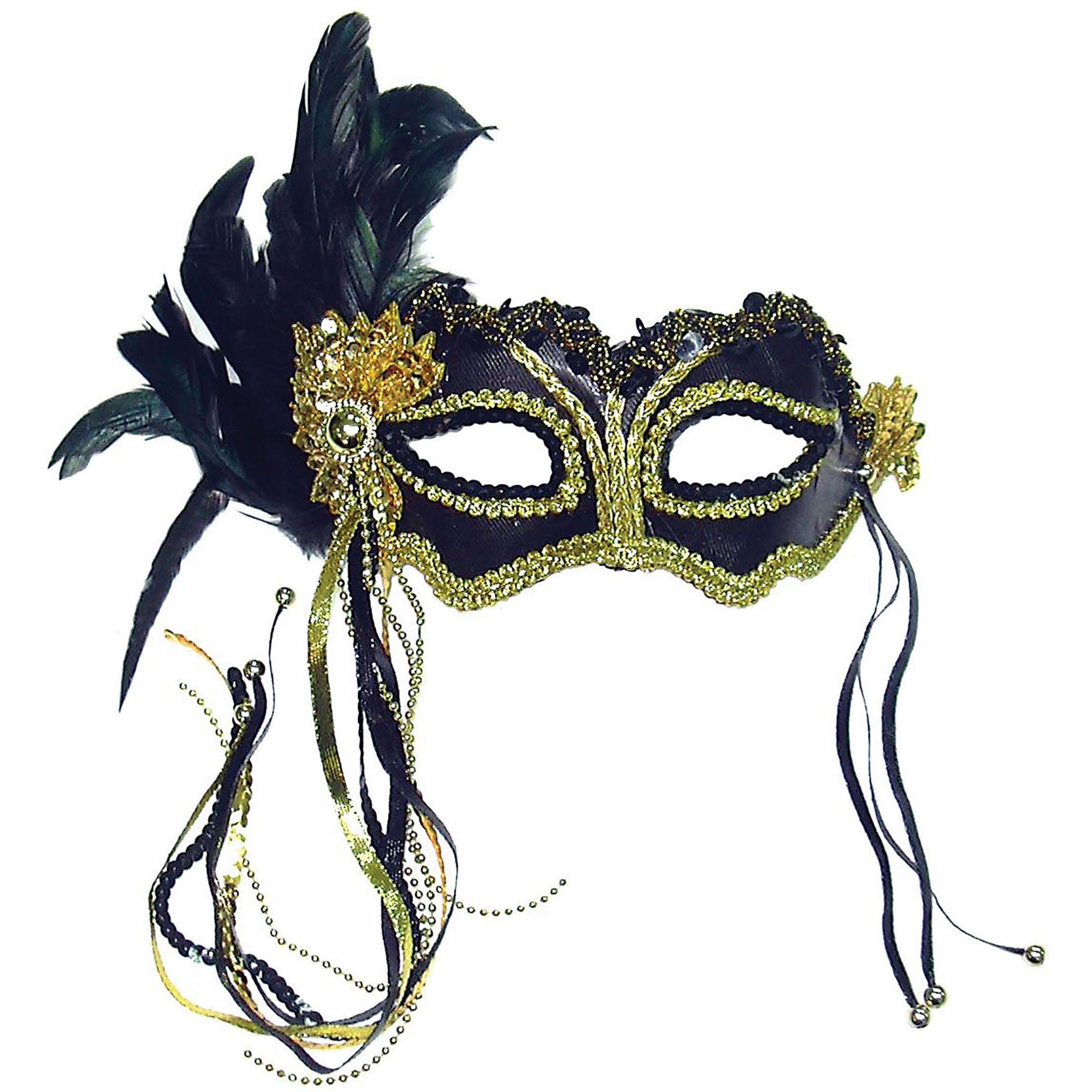 Bristol Novelty EM323 Metallic Eye Mask with Side Feather, Womens, Black, One Size Halloween