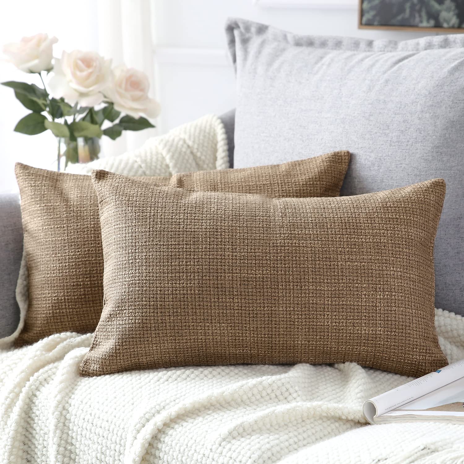 Artscope Brown Cushion Cover Set of 2 Linen Decorative Square Pillowcase Pillow Cover 30x50cm for Home Decor Sofa Bedroom Car 12x20 Inch