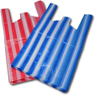 EPOSGEAR Candy Stripe Plastic Vest Carrier Bags Medium 10 x 15 x 18 Red Blue 200