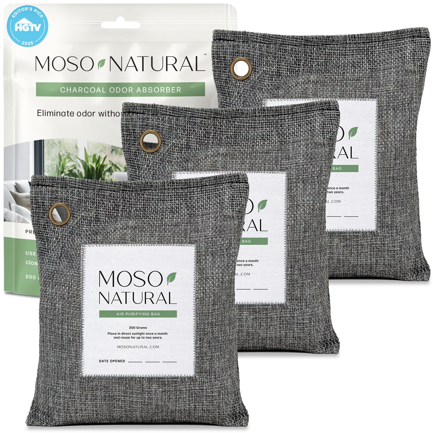 Moso Natural Air Purifying Bag 200g (3 Pack). A Scent Free Odour Eliminator for Cars, Closets, Bathrooms, Pet Areas. Premium Moso Bamboo Charcoal Odour Absorber. (Charcoal Grey)