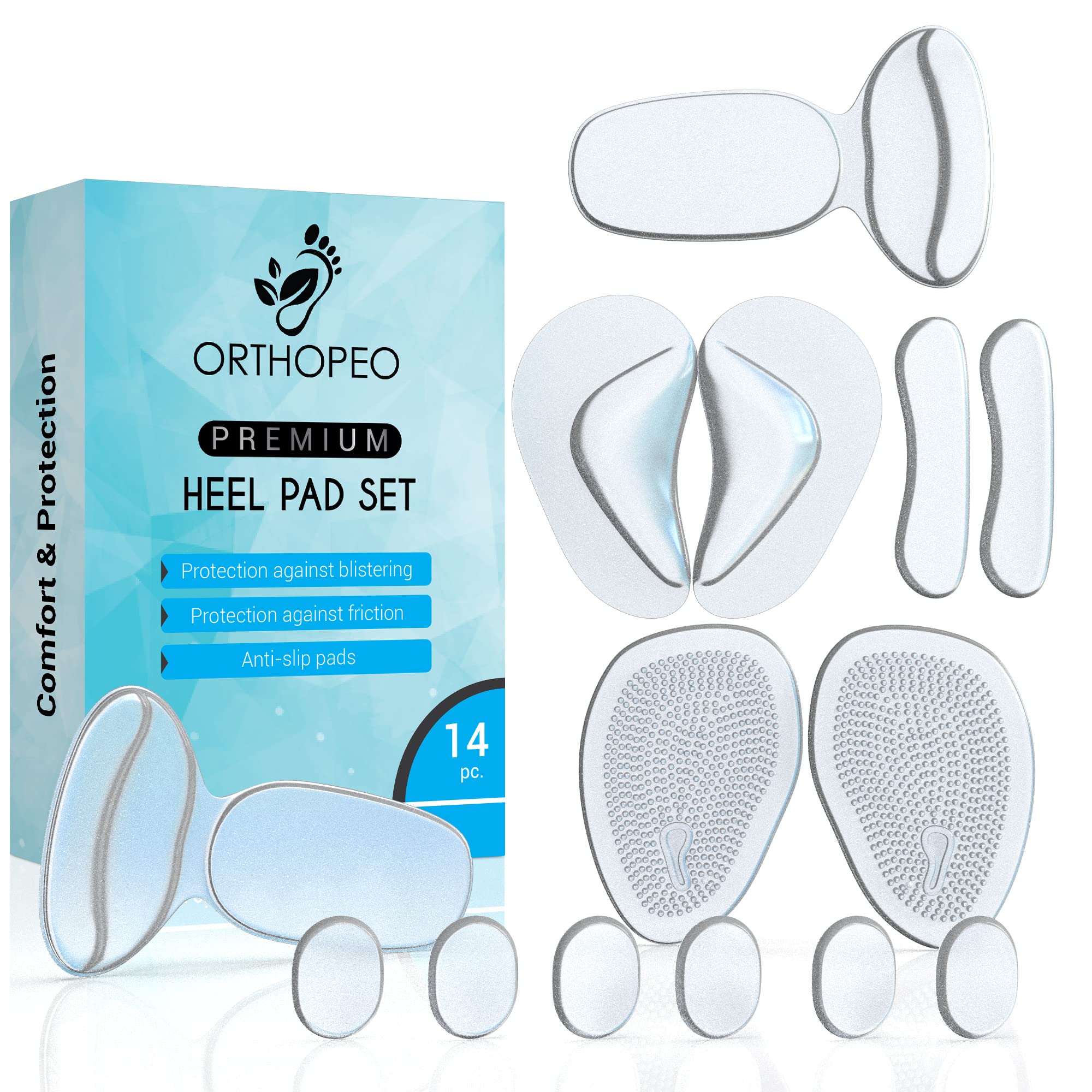 ORTHOPEO© Premium Shoe Pads - Heel Grip Cushion Inserts Women Men 14 PCS Gel Ankle Foot Protector No Blisters, Non Slip, Padding Loose Shoes and Boots