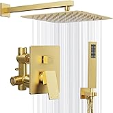 Kurpot Gold Shower System, 10'' Square Rainfall Shower Head with Handheld Combo Spray, Bathroom Brushed Gold Shower Faucet Set with Valve, 59'' Shower Hose, Shower Trim Kit and Diverter, Wall Mounted