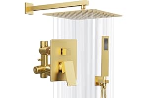 Kurpot Gold Shower System, 10'' Square Rainfall Shower Head with Handheld Combo Spray, Bathroom Brushed Gold Shower Faucet Set with Valve, 59'' Shower Hose, Shower Trim Kit and Diverter, Wall Mounted