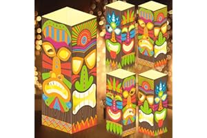 soleim 4 Pcs Summer Tiki Totem Boxes Decor,Tiki Lantern Boxes with LED Light, Luau Party Decorations for Hawaiian Birthday Party, Tropical Aloha Decor