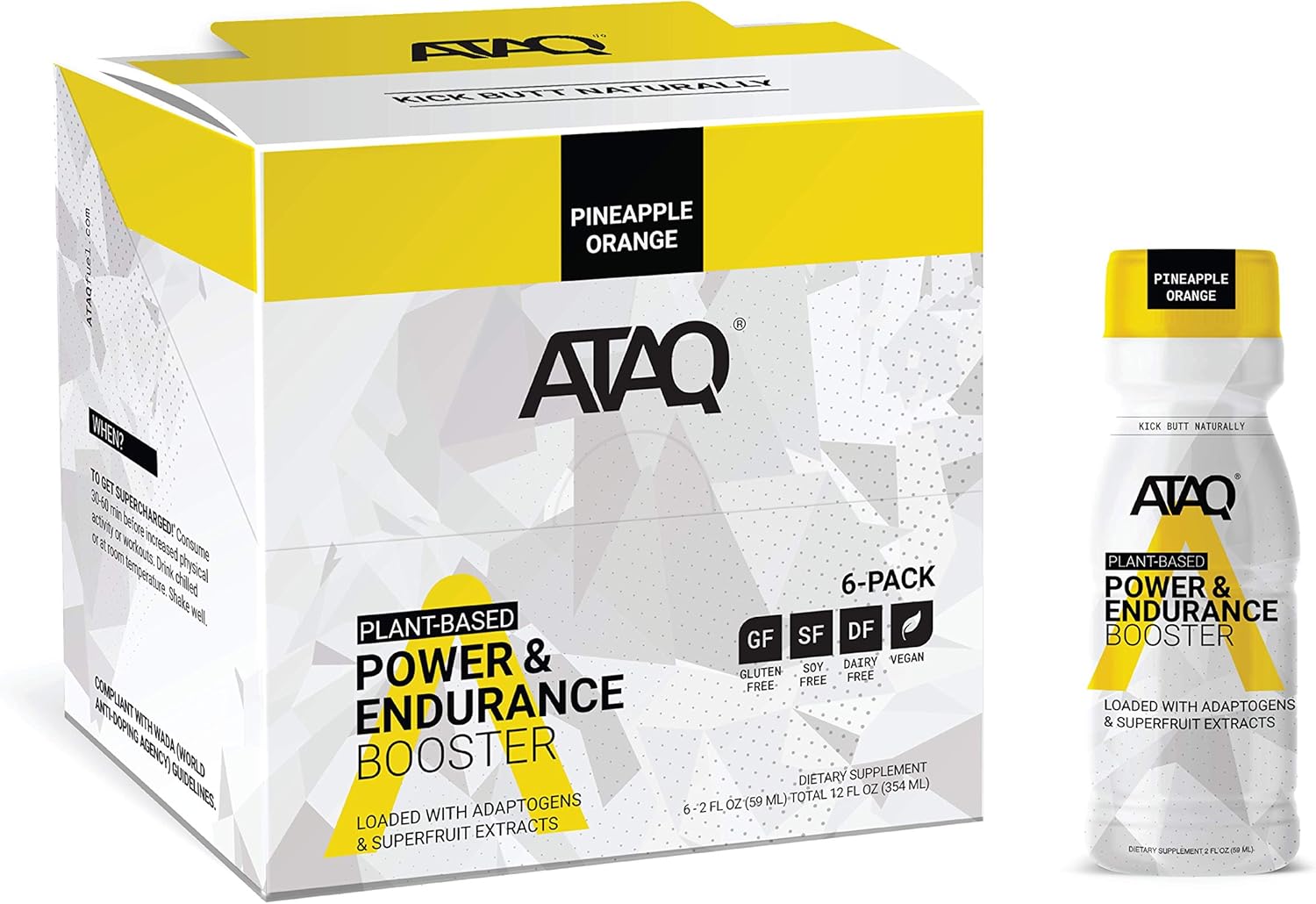 ATAQ Plant Based Power & Endurance Booster Shot, Pineapple Orange, Adaptogens & Nootropics for Sustained Performance, Naturally Sweetened, 2oz Bottle, 6 Count: Health & Personal Care