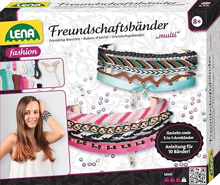 Lena 42116 - Bastelset Multi Freundschaftsbänder, Komplettset mit 2 Bänder aus Satin, Garne in 8 Farben, 3 Kordeln und 2 Vers