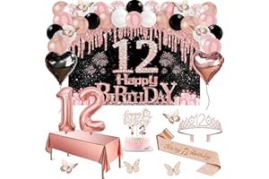 JUESLY 12nd Birthday Decorations for Girls, 49pcs Black Rose Gold Black Banner, Tablecloth, Butterfly Decor, 12nd Birthday Sash and Tiara, Cake Topper, Candles, Balloons Arch